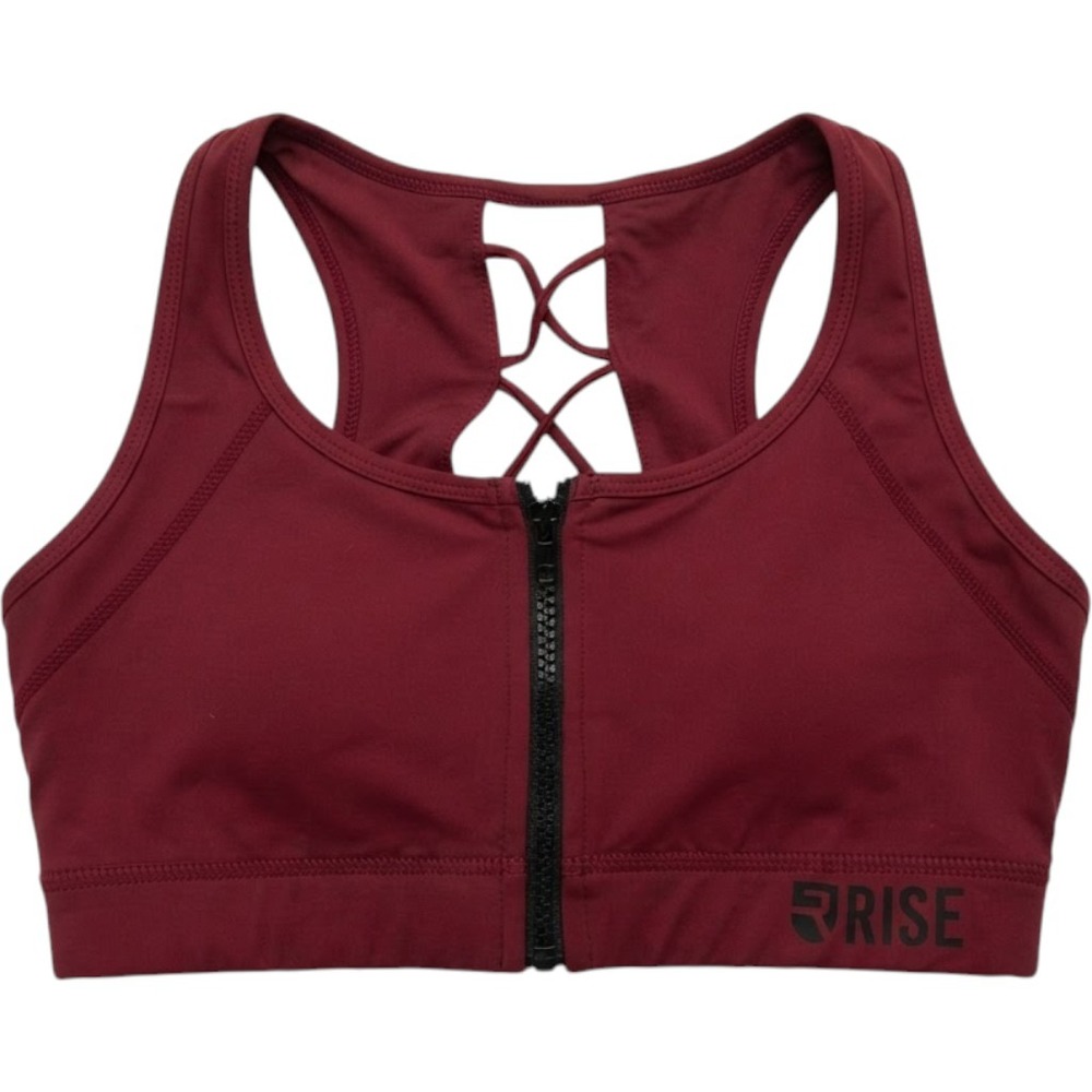 Rise Womens Sports Bra Small Burgundy Red Front Zip Strappy Lattice Back Active